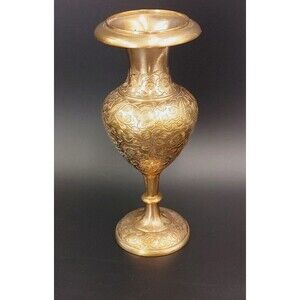 Vintage Brass Vase Etched Florals Flower Pedastal Solid Brass 8" Metalware India